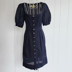 Catherine Malandrino Navy Eyelet Lace Button Front Puff Shoulder Dress Size 6